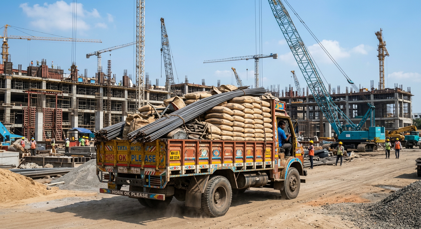 Truck loaded with construction materials at a site