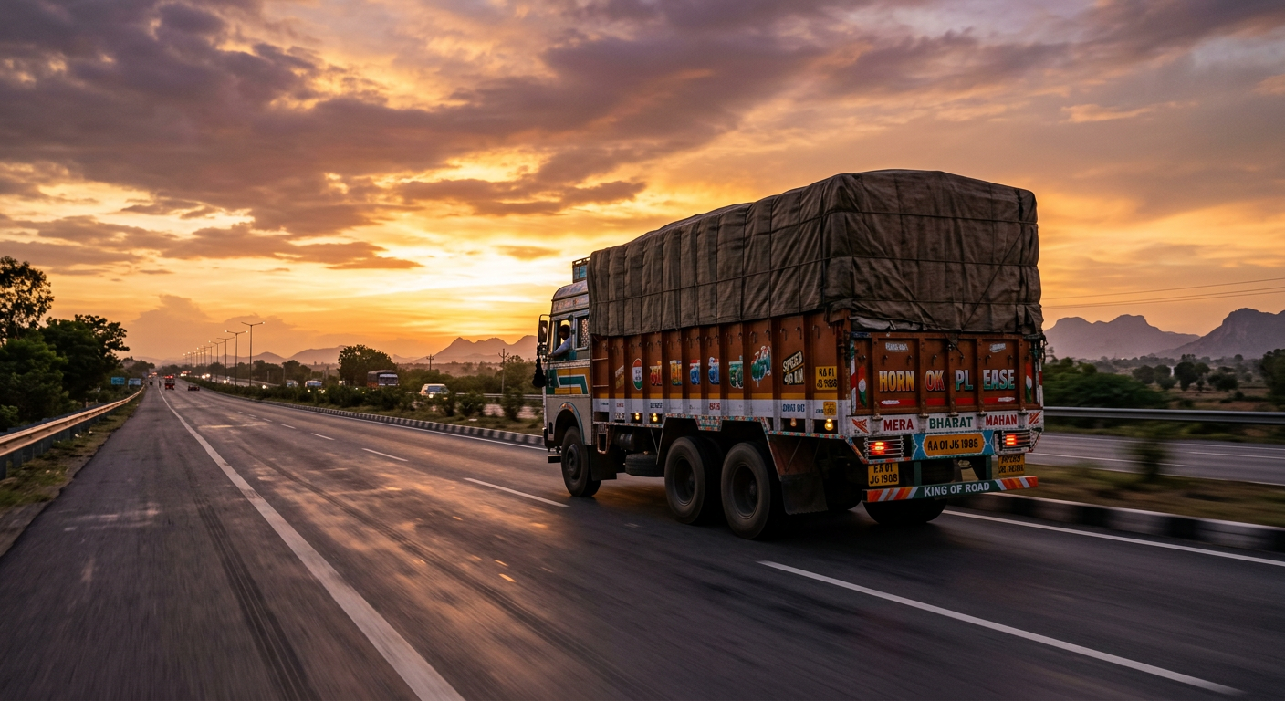 Axis Logistics trailer truck on an Indian highway at dusk